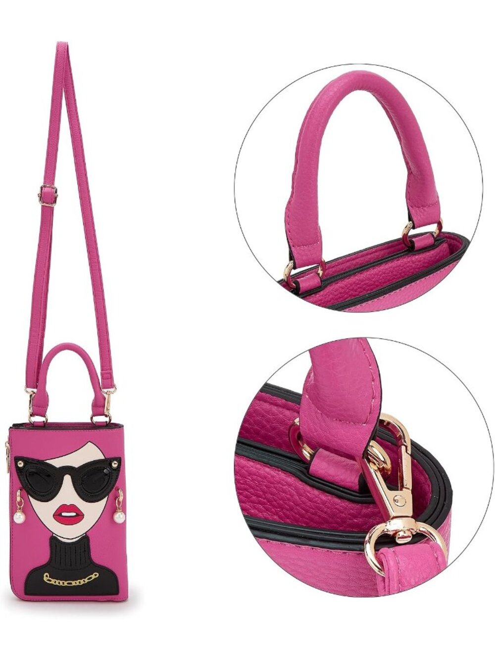 Women Hot Pink Novelty Lady Face PU Leather Shoulder Bag Handle Satchel Clutch - Picture 5 of 7